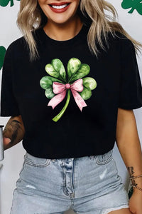 Women's Watercolor Clover and Bow Graphic Tee in Black