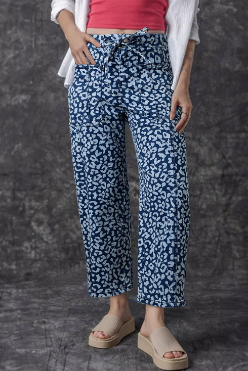 Women's Blue Leopard Print High-Waisted Wide Leg Cropped Jeans