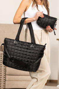 Women's Black Quilted Tote and Pouch Set with Convertible Straps