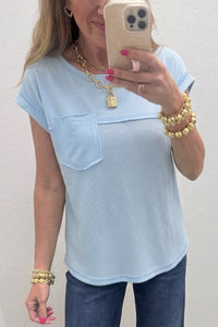 Women's Stylish Light Blue Waffled Patchwork T-Shirt for Women with Raw Seam Design - Comfortable Casual Top for Everyday Wear