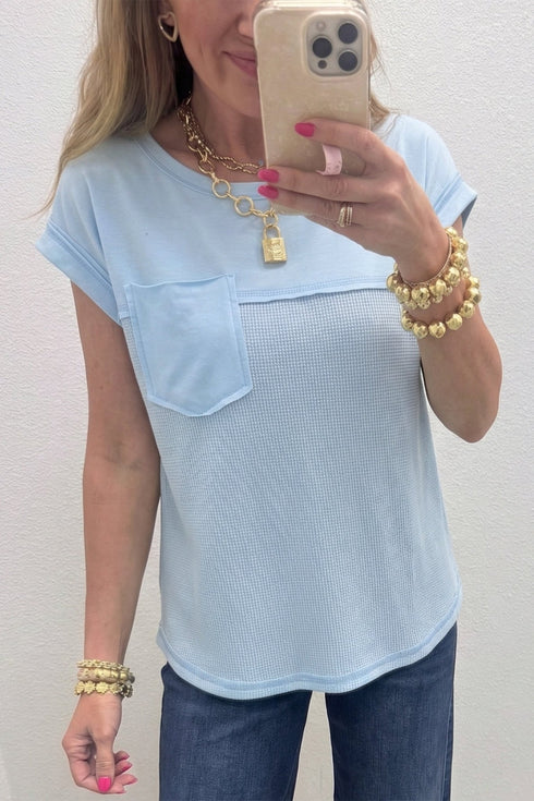 Women's Stylish Light Blue Waffled Patchwork T-Shirt for Women with Raw Seam Design - Comfortable Casual Top for Everyday Wear