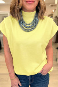 Yellow Solid Color High Neck Cap Sleeve Loose Top