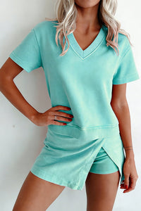 Mint Green Mineral Wash V Neck Tee Matching Skort Set