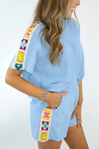 Stylish Mist Blue Crochet Two-Piece Set for Women - Trendy Granny Square Design, Ideal for Summer Casual Outings