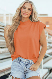 Orange Solid Color High Neck Cap Sleeve Loose Top