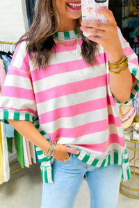 Stylish Oversized Pink Stripe Top for Women with Exposed Seams and Contrast Patchwork - Chic and Comfortable Fashion