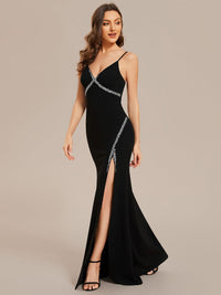 Stylish Rhinestone Adorned High Slit Evening Gown with Spaghetti Straps