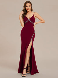Stylish Rhinestone Adorned High Slit Evening Gown with Spaghetti Straps