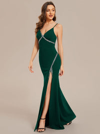 Stylish Rhinestone Adorned High Slit Evening Gown with Spaghetti Straps