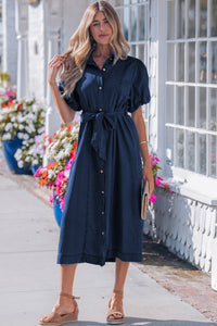 Stylish Sail Blue Denim Dress for Women with Collared Design, Full Buttons, and Short Bubble Sleeves – Comfortable Fit
