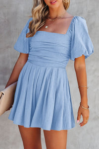 Stylish Sky Blue Women's Ruched Puff Sleeve Romper with Flattering Square Neck Design for Trendy Summer Outfits