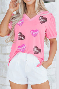 Bonbon V Neck Puff Sleeve Sequin Mama Heart Graphic Top