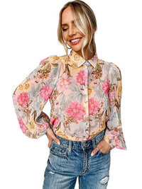Stylish Women's Loose Floral Print Blouses with Sweet Cardigan Style and Long Sleeves