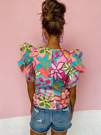 Stylish Women's Printed Ruffled Floral Pullover with Abstract Geometric Print