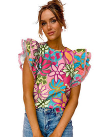 Stylish Women's Printed Ruffled Floral Pullover with Abstract Geometric Print