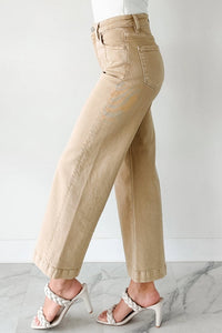 Apricot Solid Color Seamed Center Wide Leg Cropped Jeans