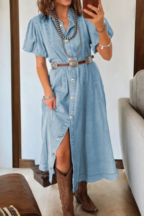 Women's Stylish Women's Beau Blue Denim Dress with Collared Neckline, Short Bubble Sleeves, and Comfortable Button Closure Fit