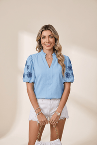 Women's Stylish Women's Beau Blue Floral Embroidered Puff Sleeve Blouse with Split Neck for Trendy Casual Outfits