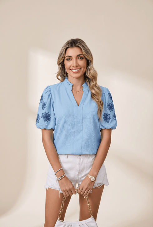 Women's Stylish Women's Beau Blue Floral Embroidered Puff Sleeve Blouse with Split Neck for Trendy Casual Outfits