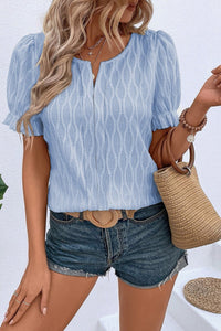 Women's Beau Blue Textured Notched Neck Puff Sleeve Blouse