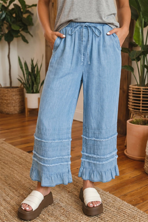 Stylish Women's Beau Blue Wide Leg Chambray Pants with Ruffled Hem - Comfortable Casual Wear for Effortless Summer Style