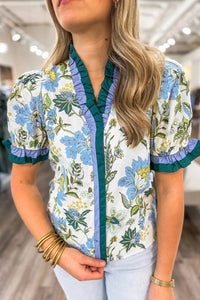 Women's Cotton-Viscose Floral Blouse with Ruffled Placket