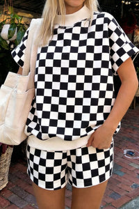 Women's Stylish Women's Black Checkered Mock Neck Short Set with Color Block Trim - Perfect for Everyday Comfort and Casual Chic