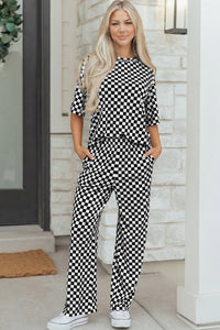 women's stylish women's black checkered print half sleeve tee and comfy lounge pants set - relaxed fit for casual wear with practical styling and