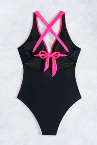 Black Color Block V Neck Knot Straps One Piece Swimsuit