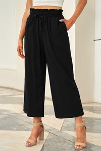 stylish women's black cropped pants with paperbag waist and straight leg - great for a variety of occasions and effortless chic with practical styling