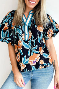 Women's Stylish Women's Black Floral Blouse with Short Bubble Sleeves, Button Detail, and Notched Neck for Effortless Comfort