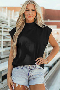 Black Solid Color High Neck Cap Sleeve Loose Top