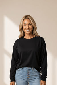 Women's Stylish Women's Black Long Sleeve Top with Dropped Shoulders - Comfortable Everyday Wear for Effortless Chic Looks