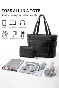 Color black Solid Color Puffy Quilted Large Tote Bag