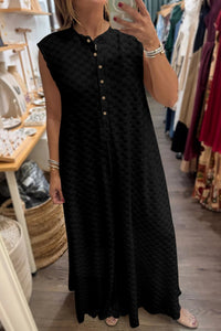 Stylish Women's Black Sleeveless Textured Jumpsuit with Wide Legs and Half Buttons for Effortless Chic Looks