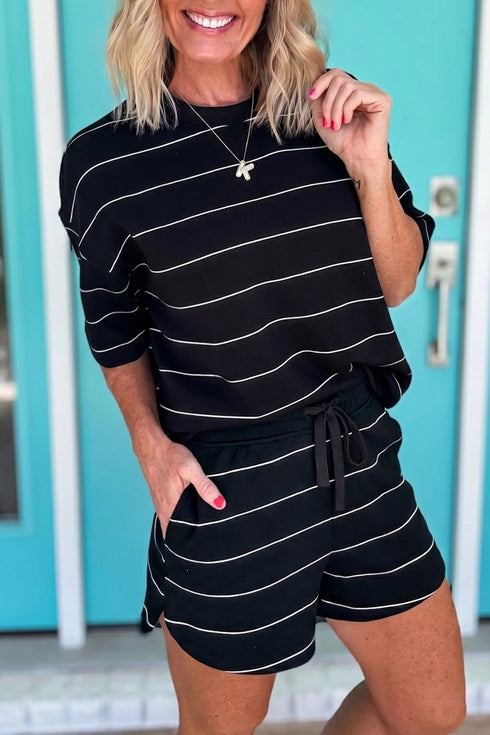 Stylish Women's Black Stripe Half Sleeve Tee and Drawstring Shorts Set - Comfortable Casual Summer Outfit