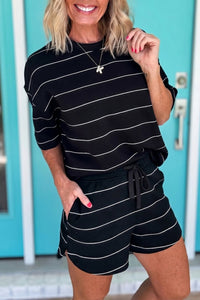 Stylish Women's Black Stripe Half Sleeve Tee and Drawstring Shorts Set - Comfortable Casual Summer Outfit