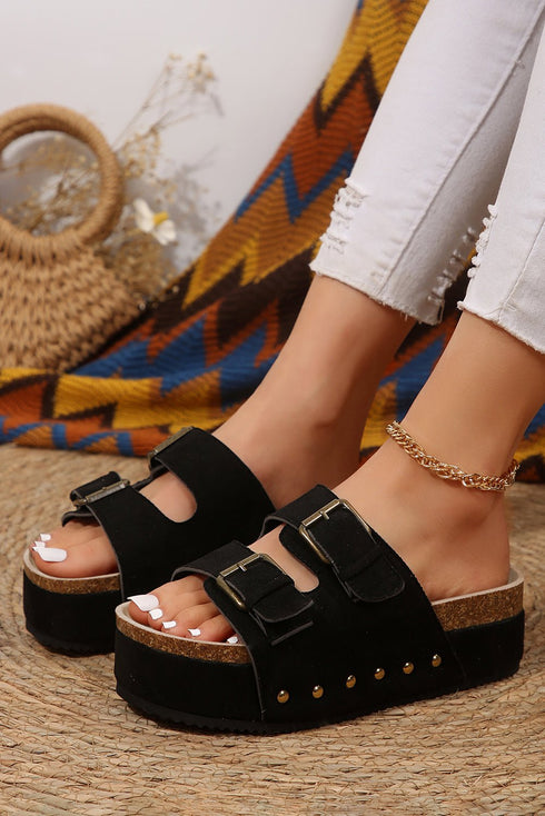 Stylish Women's Black Suede Buckle Sandal Slippers with Comfortable Footbed for Trendy Summer Outfits
