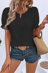 Women's Textured Puff Sleeve Notched Neck Blouse in Onyx