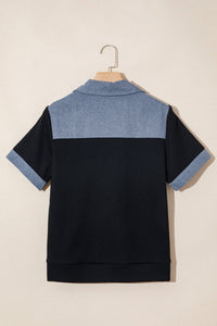 Black Waffle Knit Denim Color Block Patchwork Button Flap Polo Top