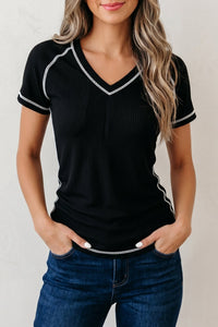 Stylish Women's Black Waffle V-Neck Tee with Contrast Trim - Casual Everyday Top for Effortless Chic Looks