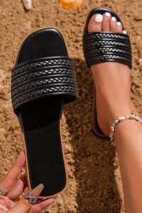 Women's Stylish Women's Black Woven PU Leather Wide Band Slippers - Comfortable Square Toe Footwear for Versatile Everyday Wear