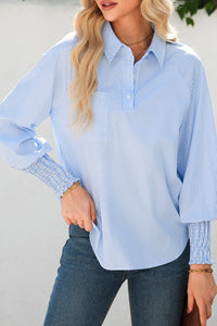Women's Sky Blue Striped Long Sleeve Blouse with Smocked Cuffs