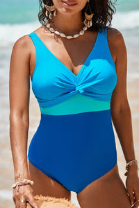 
Women's Stylish Women's Blue Color Block V-Neck One-Piece Swimsuit with Twisted Cutout for Trendy Summer Beach Fun