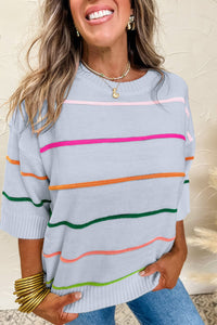 Women's Stylish Women's Blue Colorblock Striped Sweater with Half Sleeves and Drop Shoulder for Casual Chic Outfits