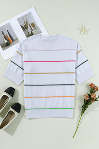 Beau Blue Colorblock Striped Half Sleeve Drop Shoulder Sweater