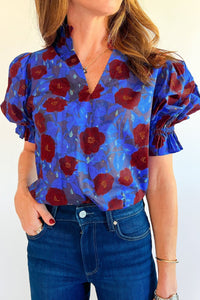 Women's Stylish Women's Blue Floral Ruffle Blouse with Short Balloon Sleeves and V-Neck for Comfortable Everyday Wear
