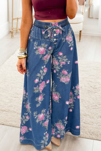 Women's Stylish Women's Blue Floral Wide Leg Jeans with Button Tie and Elastic Waist for Ultimate Comfort and Trendy Look