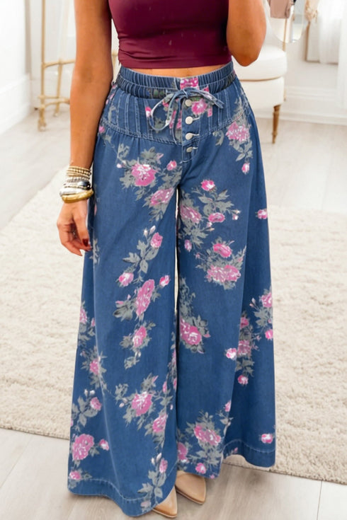 Women's Stylish Women's Blue Floral Wide Leg Jeans with Button Tie and Elastic Waist for Ultimate Comfort and Trendy Look