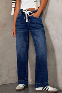 Bluing Lace-up Button Zip Fly Straight Leg Jeans